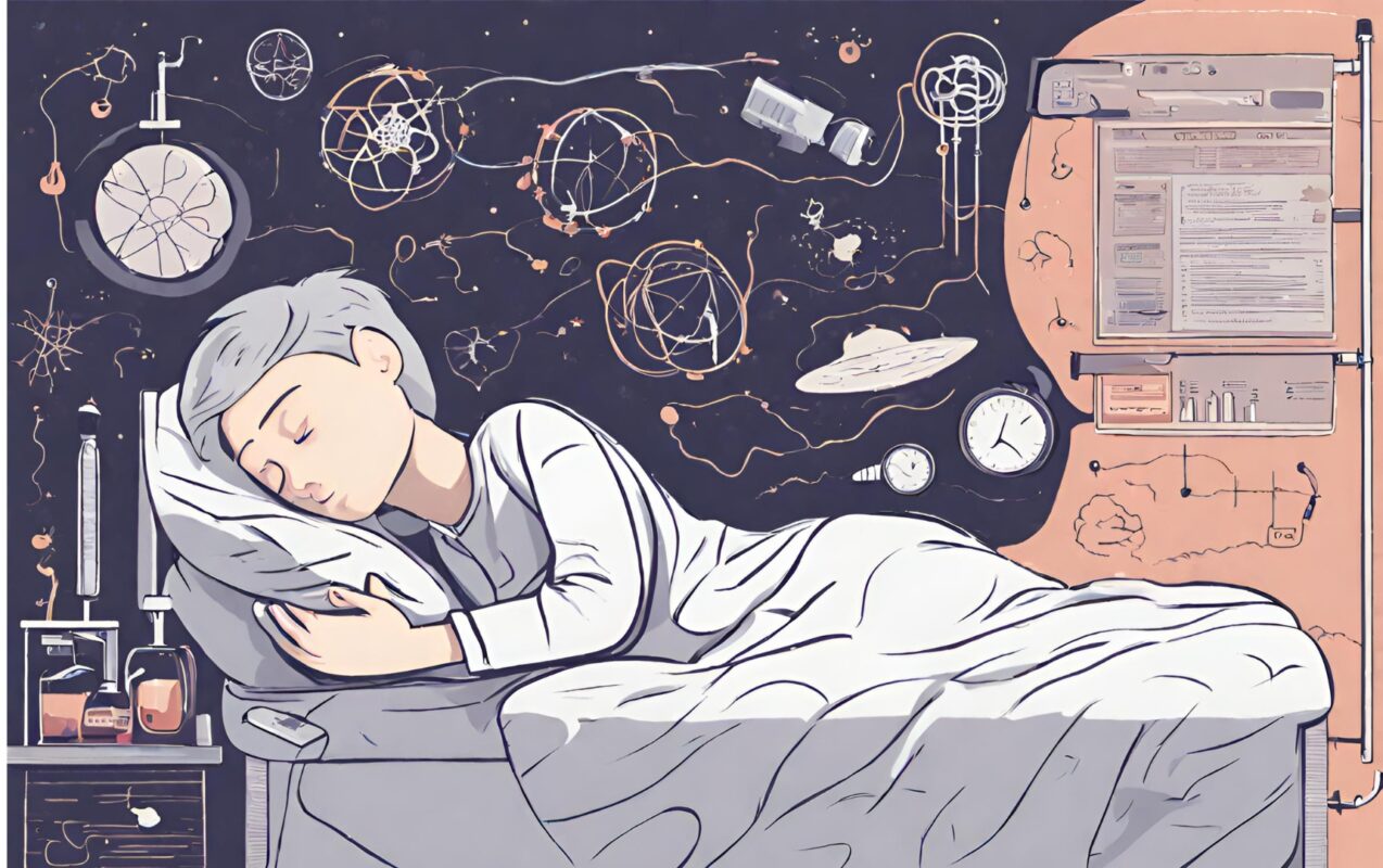 A boy sleeping on bed and photo illustrate science related to sleep