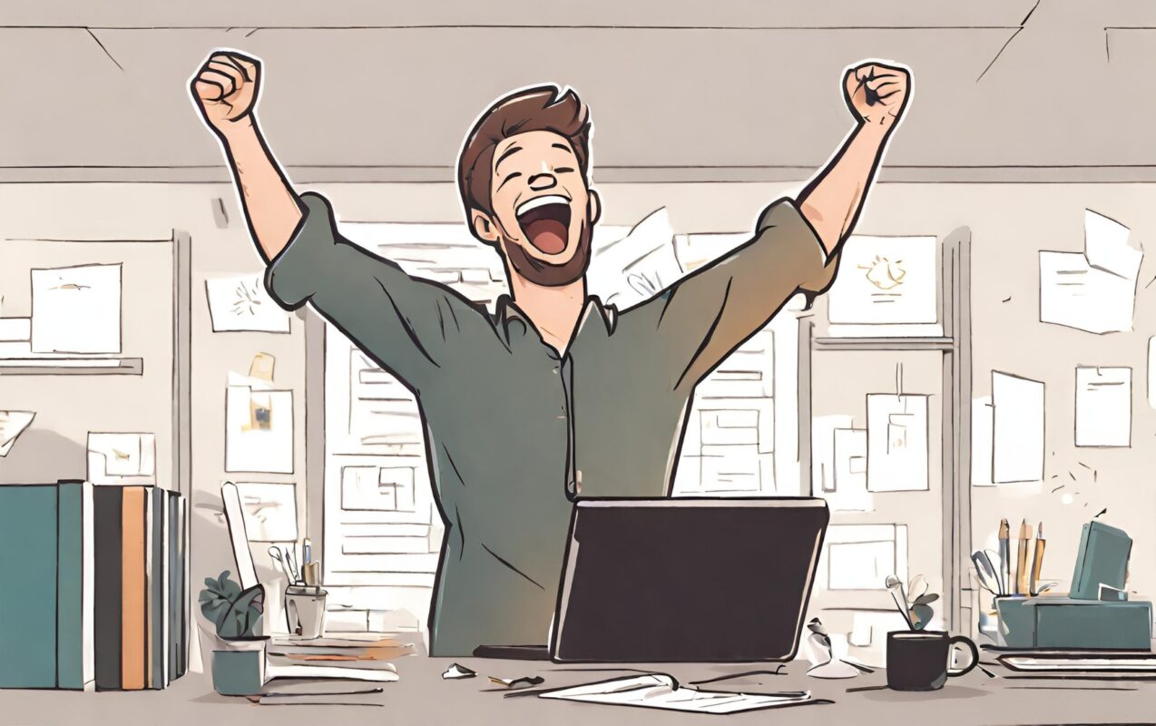A person celebrating his success of work