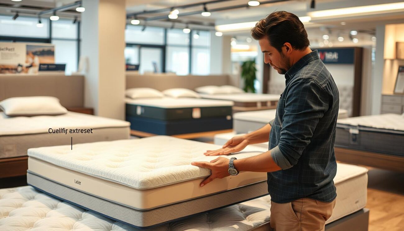 Person examining a dual comfort mattress in a showroom